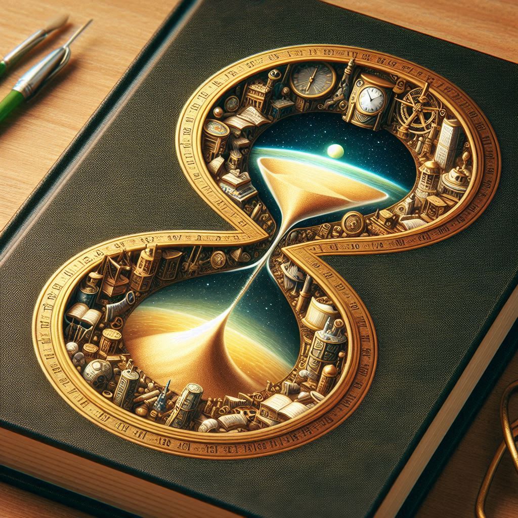 A picture of an hour glass on a book cover. WIth golden sand running  through.